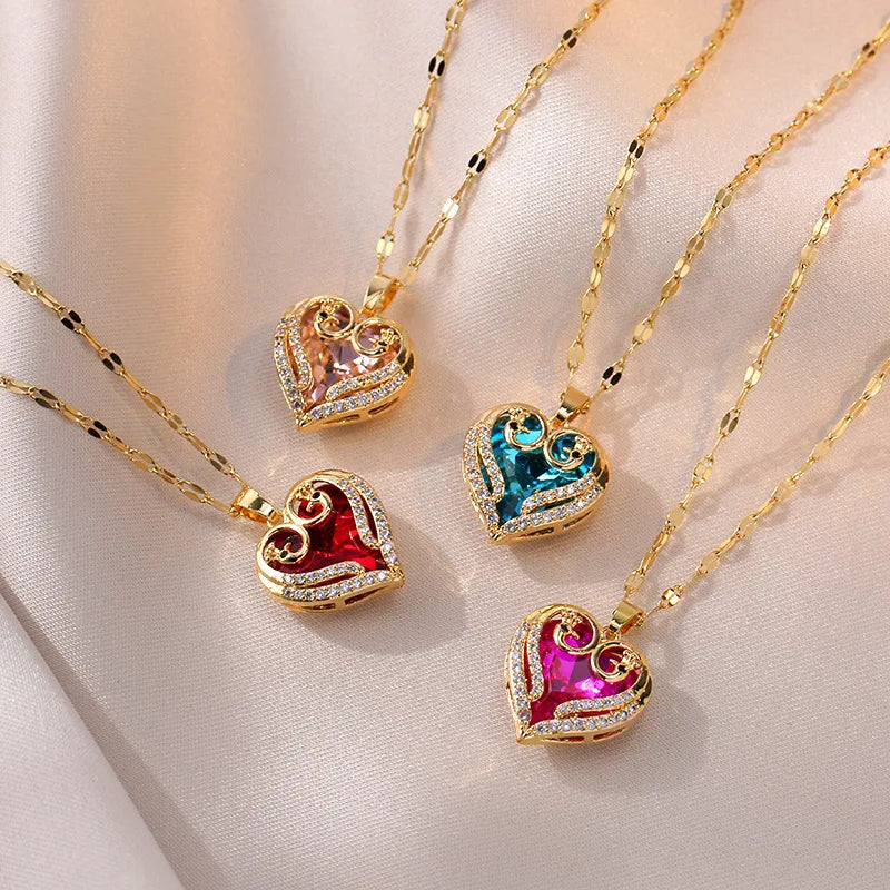 Colorful zircon heart pendant necklace with gold-plated titanium steel chain, elegant jewelry accessory