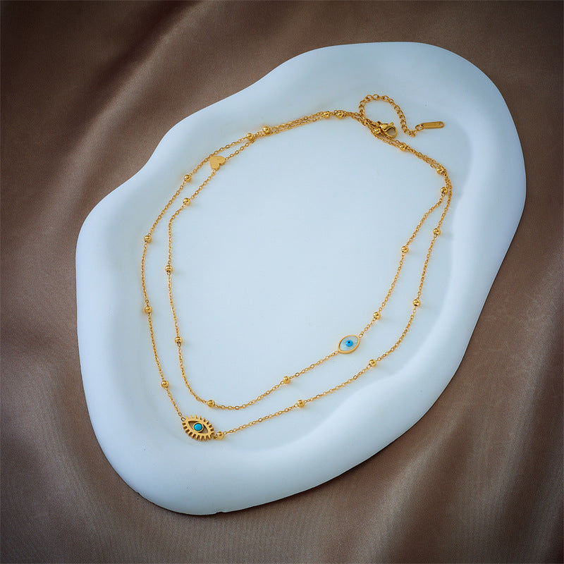 Layered Evil Eye Necklace - Gold Titanium Steel Double Chain with Beads - AstroVerse™