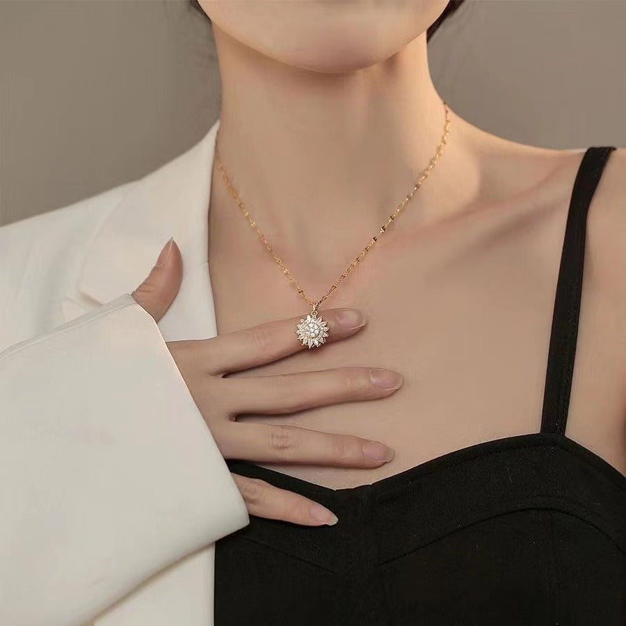 Rotating Sunflower Necklace with Full Diamond Daisy Collar Chain Female - AstroVerse™