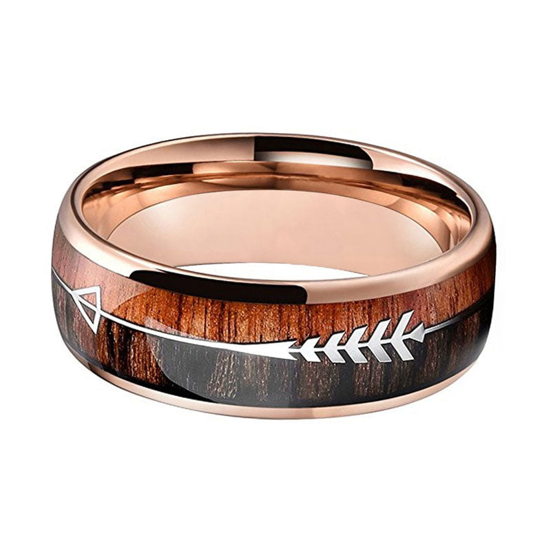 Tungsten Wedding Ring with Wood Inlay - Rose Gold Arrow Band Unisex - AstroVerse™