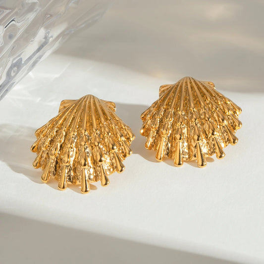 Creative Stainless Steel 18k Gold Plated Ocean Style Shell Ribbed Hammer Grain Earrings Personalized Jewelry Attractive Women - AstroVerse™