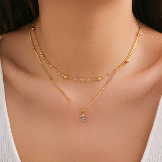 Simple diamond studded English letter pendant, double-layer necklace collarbone chain, versatile snake bone necklace for women