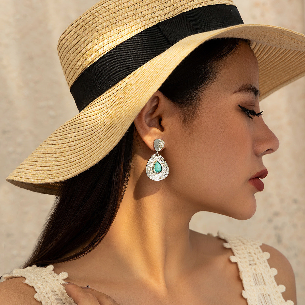 Turquoise Drop Earrings - Gold Textured Teardrop Geometric Stud Dangle - AstroVerse™