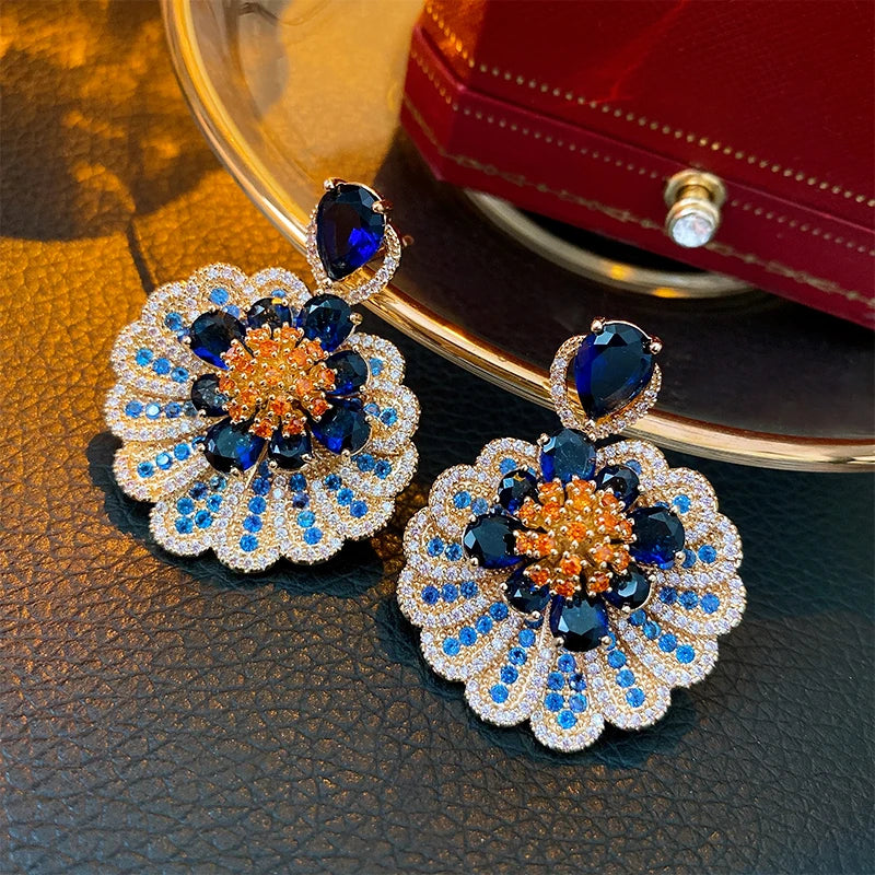 Zircon Blue Drop Earrings for Women Light Luxury Flower Pendant Earring Elegant Temperament Personality Jewelry Wedding Gift - AstroVerse™
