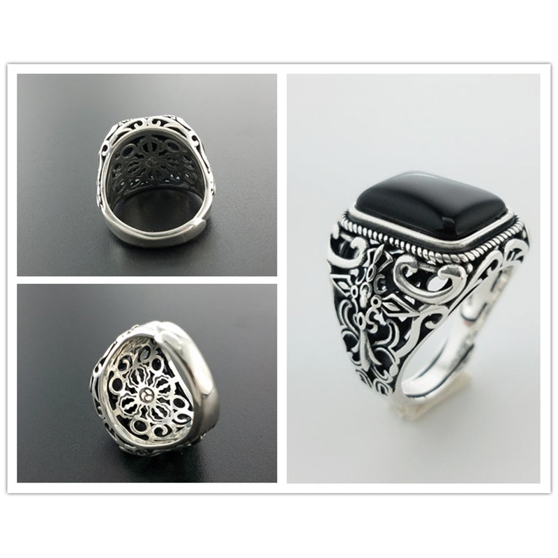 Real 925 Sterling Silver Vintage Rings For Men Natural Black Onyx Stone Square Shape Hollow Cross Flower Carved Punk Jewelry - AstroVerse™
