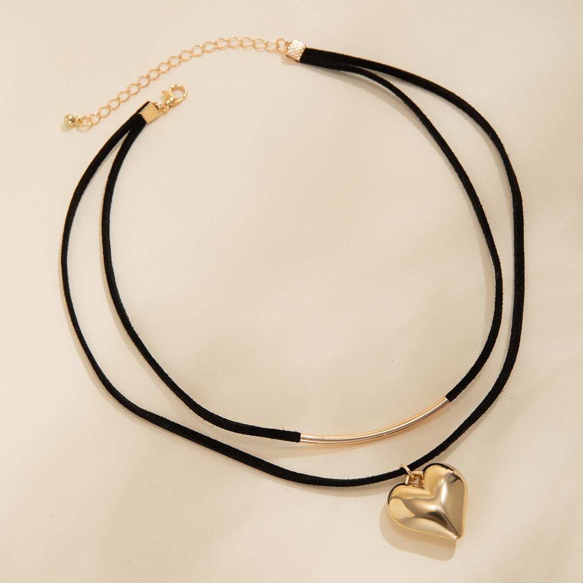 Layered Black Velvet Choker Necklace - Gold Heart Pendant Double Strand - AstroVerse™