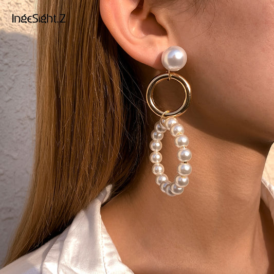 Retro Temperament Cold Wind Imitation Pearl Earrings Female Simple Geometric Metal Large Hoop Earrings