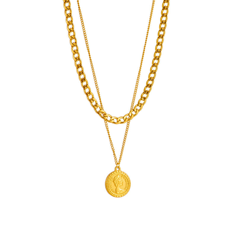 European and American New Simple Double Layer Chain Queen Portrait Round Label Pendant Accessories with Advanced Retro Necklace