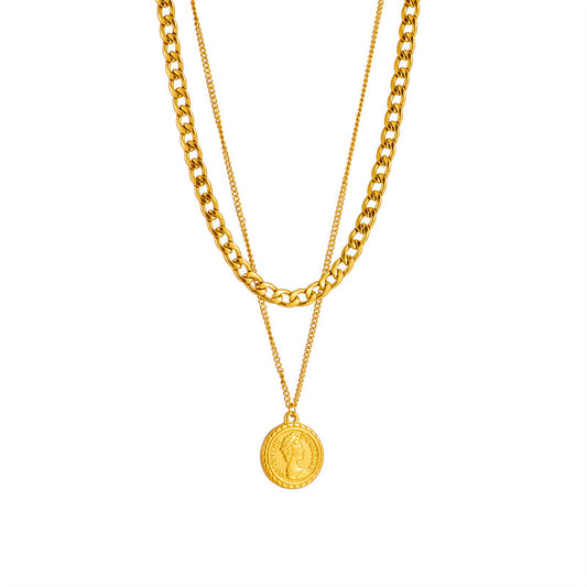 European and American New Simple Double Layer Chain Queen Portrait Round Label Pendant Accessories with Advanced Retro Necklace