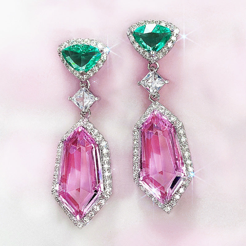 Pink Crystal Drop Earrings - Long Dangle Geometric Earrings 40mm - AstroVerse™