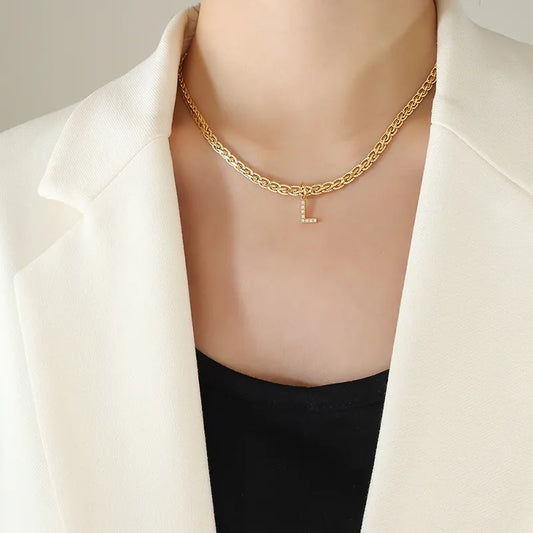 Brass Inlaid Zircon Letter Pendant Necklace - AstroVerse™