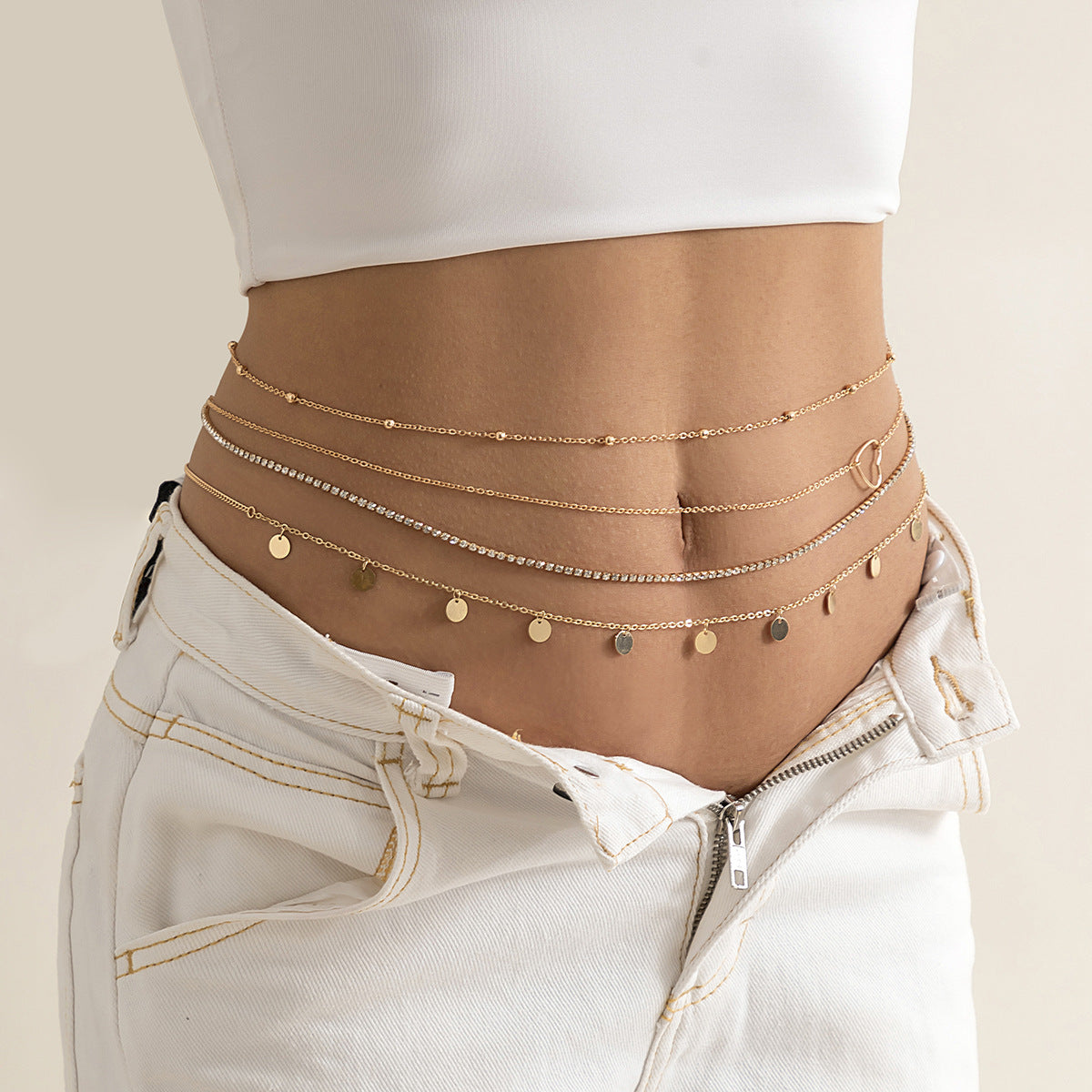 Sexy Multi-Layer Tassel Sequined Metal Chain Waist Chain Street Shooting Hipster Beach Rhinestone Love Thin Body Chain