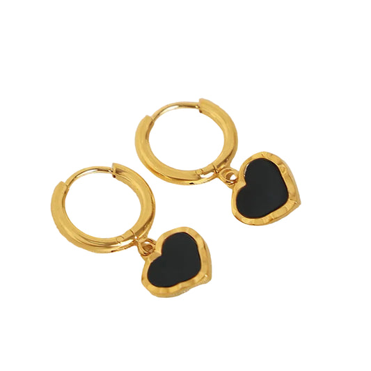 18K Gold Plated Heart Hoop Earrings - Black Enamel Dangle Hoops