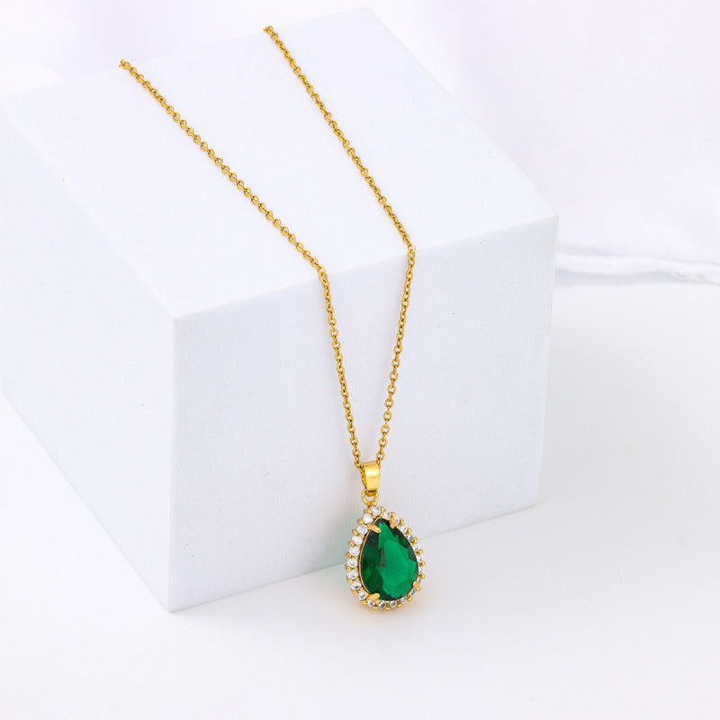 Light luxury retro green zircon crystal water drop pendant titanium steel necklace women's classic stainless steel collarbone - AstroVerse™