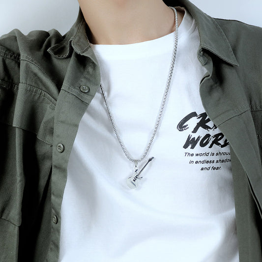 Eprolo guitar pendant necklace featuring a classic street hip hop style in stainless steel, detailed guitar-shaped charm.