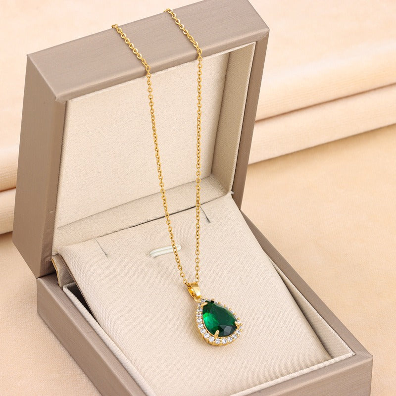 Light luxury retro green zircon crystal water drop pendant titanium steel necklace women's classic stainless steel collarbone - AstroVerse™
