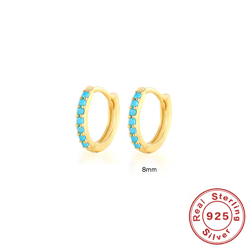 S925 Sterling Silver Circle Earrings with Turquoise and Diamond Inlay 18K Gold Plated Stud Earrings Jewelry
