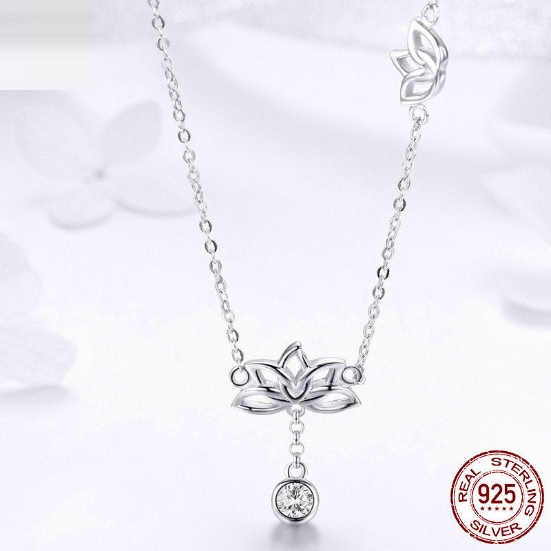 925 Sterling Silver Lotus Necklace - Platinum Plated Zircon Flower Pendant - AstroVerse™