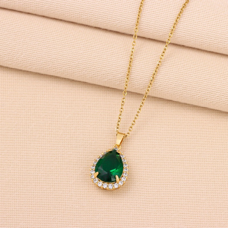 Light luxury retro green zircon crystal water drop pendant titanium steel necklace women's classic stainless steel collarbone - AstroVerse™