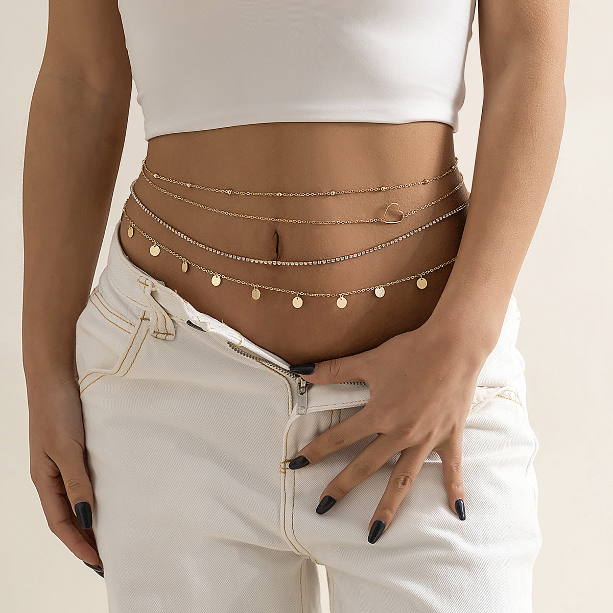 Sexy Multi-Layer Tassel Sequined Metal Chain Waist Chain Street Shooting Hipster Beach Rhinestone Love Thin Body Chain