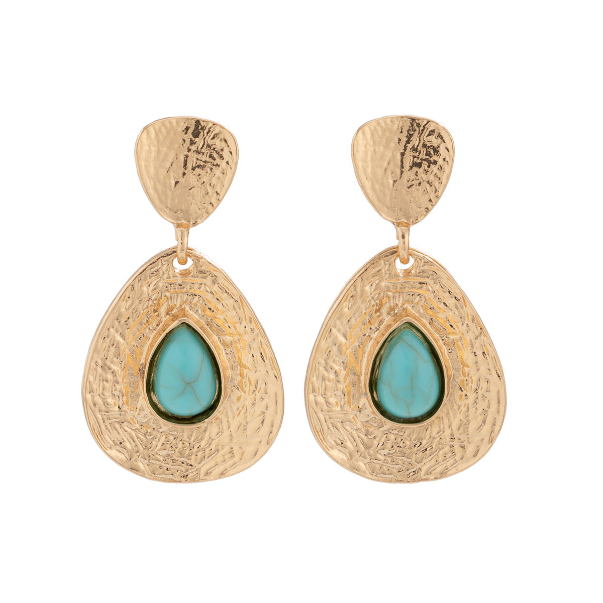 Turquoise Drop Earrings - Gold Textured Teardrop Geometric Stud Dangle - AstroVerse™