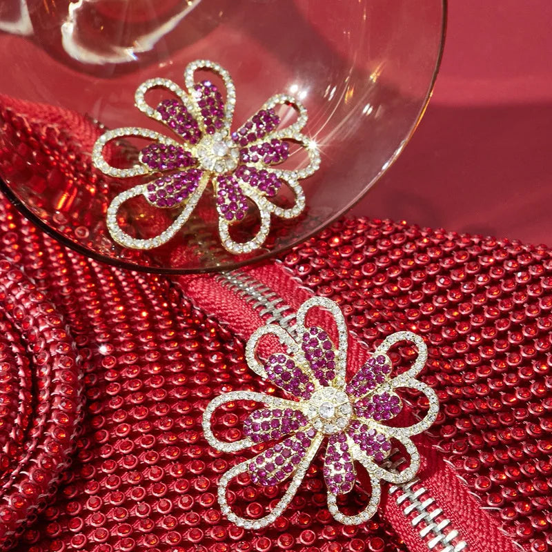 Pink Rhinestone Flower Earrings - Gold Hollow Metal Statement Dangle - AstroVerse™