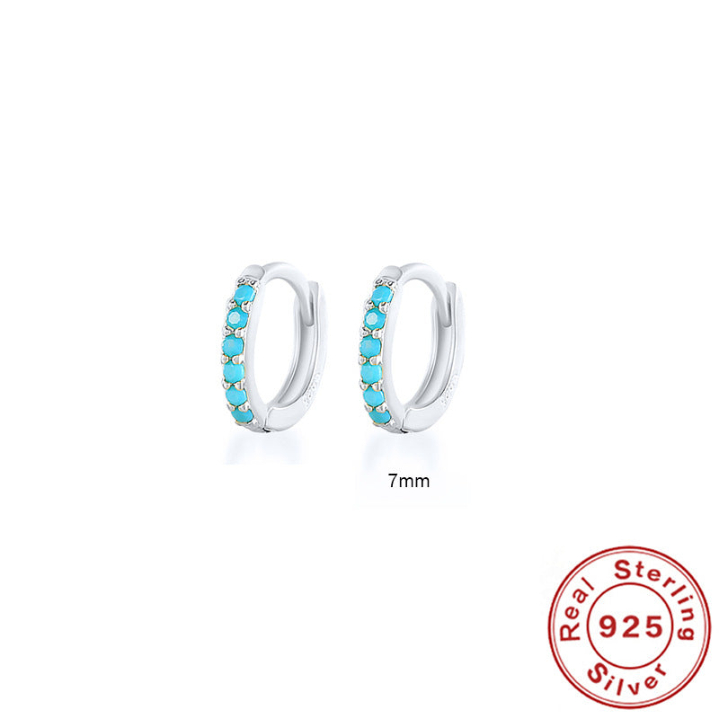 S925 Sterling Silver Circle Earrings with Turquoise and Diamond Inlay 18K Gold Plated Stud Earrings Jewelry