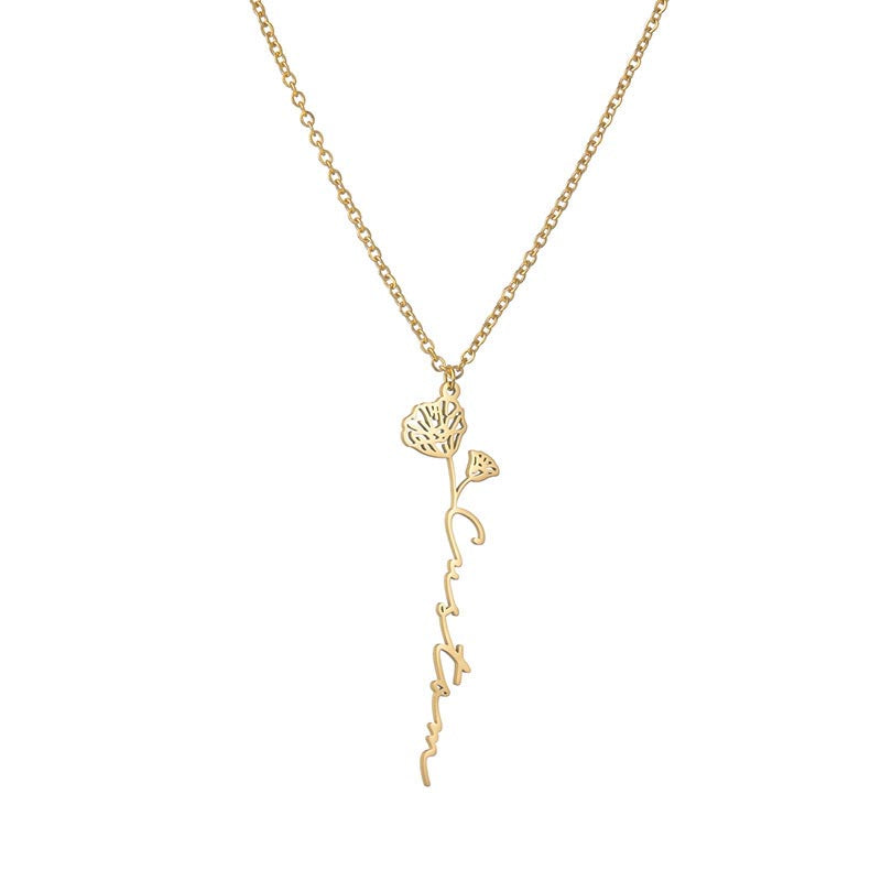 Elegant eprolo floral name necklace featuring 12 flower designs with English letters on a delicate clavicle chain for ladies.