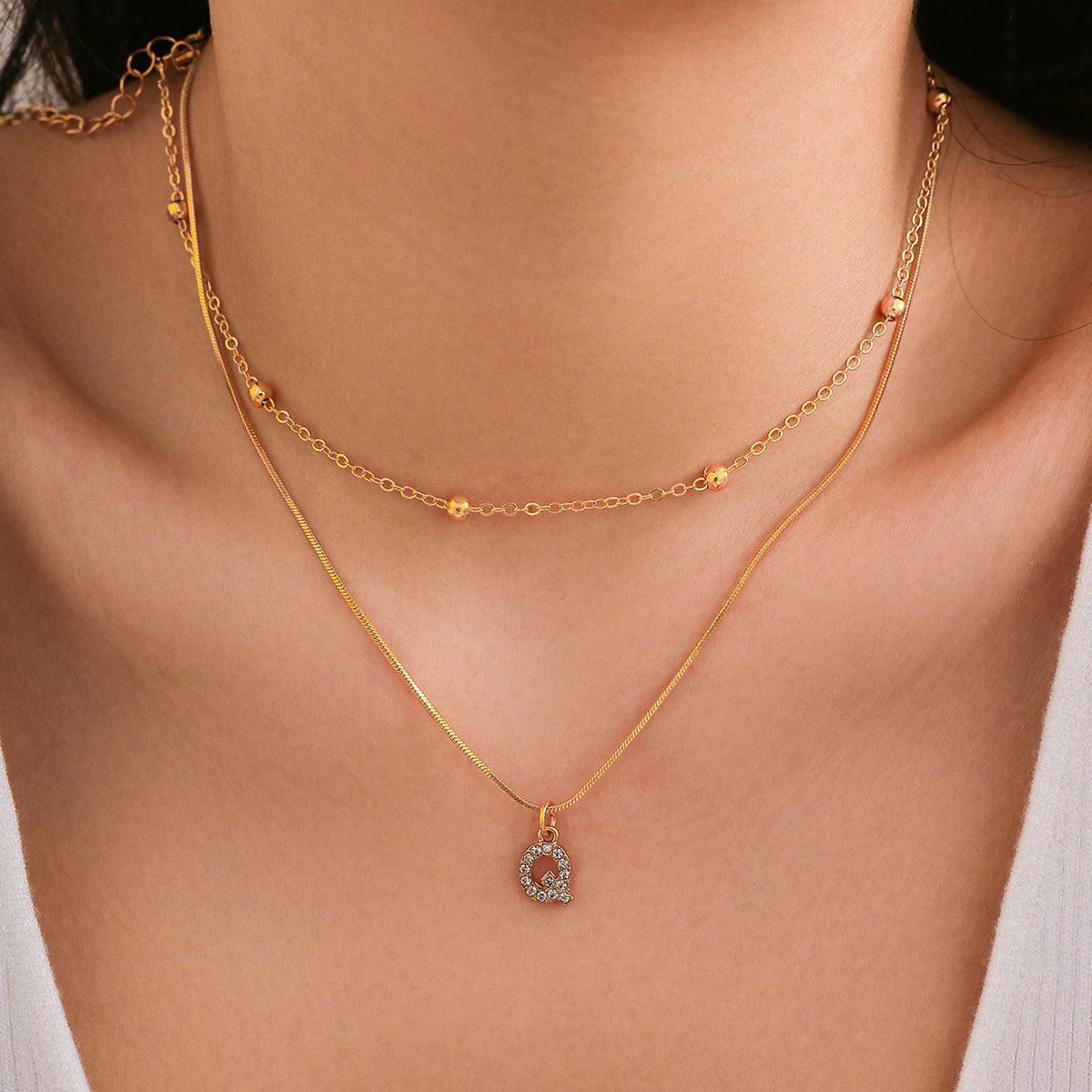 Simple diamond studded English letter pendant, double-layer necklace collarbone chain, versatile snake bone necklace for women