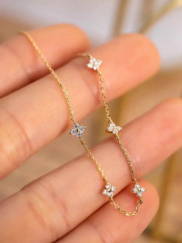 925 Sterling Silver Flower Bracelet - Five Zircon Clover Charm Gold Plated - AstroVerse™