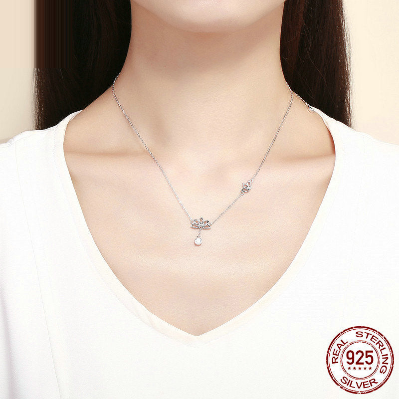 925 Sterling Silver Lotus Necklace - Platinum Plated Zircon Flower Pendant - AstroVerse™