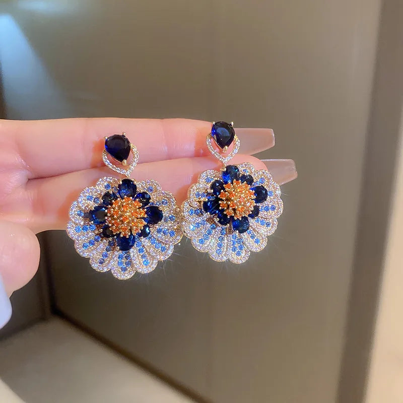 Zircon Blue Drop Earrings for Women Light Luxury Flower Pendant Earring Elegant Temperament Personality Jewelry Wedding Gift - AstroVerse™