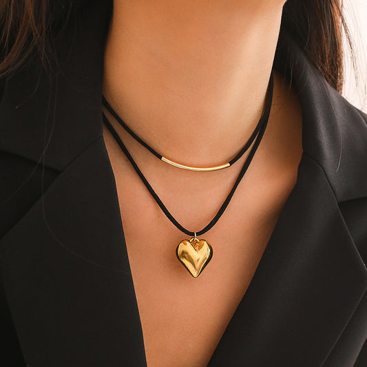 Layered Black Velvet Choker Necklace - Gold Heart Pendant Double Strand - AstroVerse™