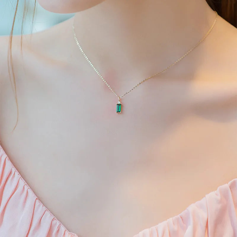 925 Sterling Silver 14K Gold Plated Emerald Green Mini Rectangle Zircon Necklace - AstroVerse™