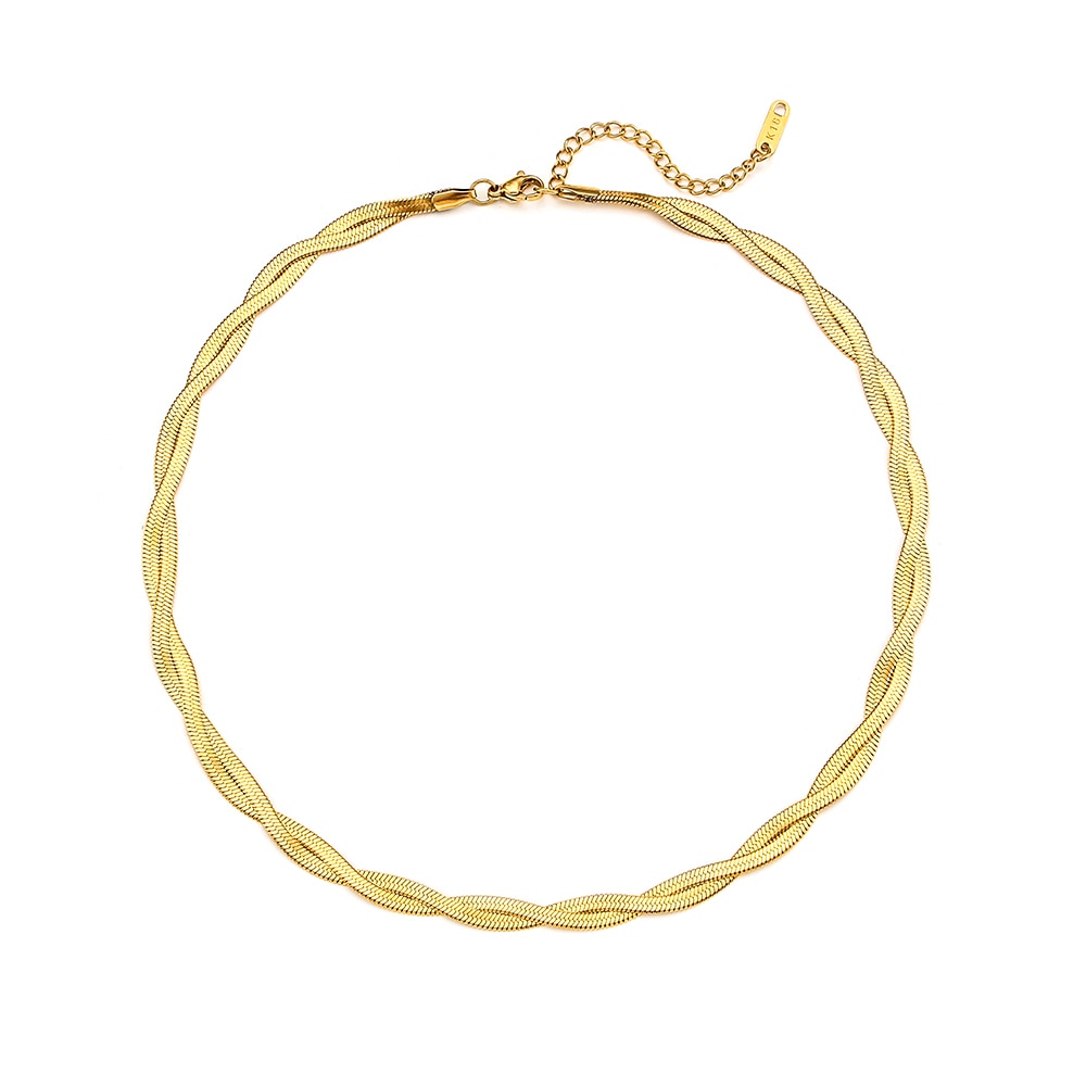 Eprolo 18K gold plated herringbone chain necklace and bracelet set with sleek, woven design and shiny finish.