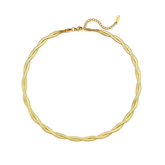 Eprolo 18K gold plated herringbone chain necklace and bracelet set with sleek, woven design and shiny finish.