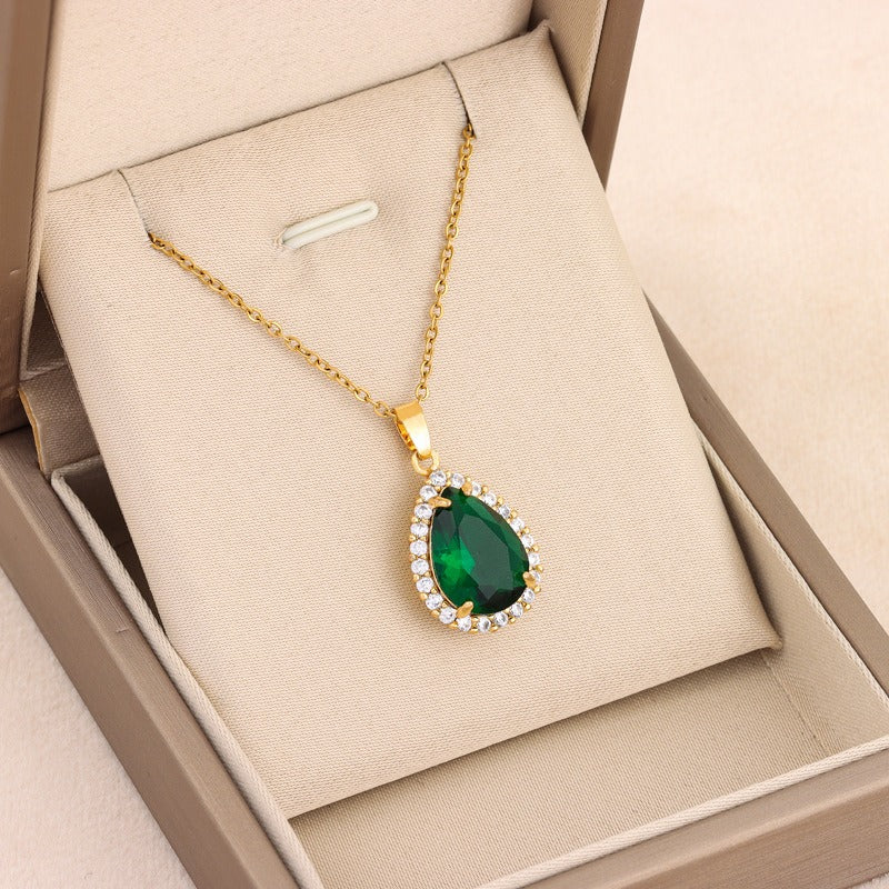 Light luxury retro green zircon crystal water drop pendant titanium steel necklace women's classic stainless steel collarbone - AstroVerse™