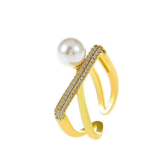 French Pearl Ring 18K Gold - Baroque Cross Twist CZ Women's - AstroVerse™