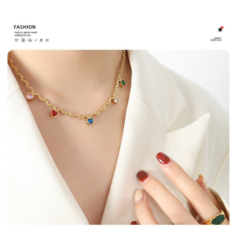 Geometric Colorful Peach Heart Zircon Pendant Necklace Fashion Trend Personalized Design Collar Chain - AstroVerse™