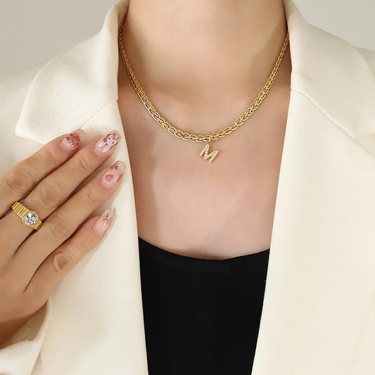 Brass Inlaid Zircon Letter Pendant Necklace - AstroVerse™