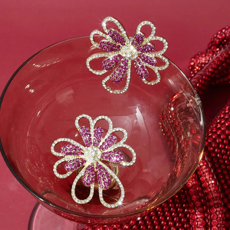 Pink Rhinestone Flower Earrings - Gold Hollow Metal Statement Dangle - AstroVerse™