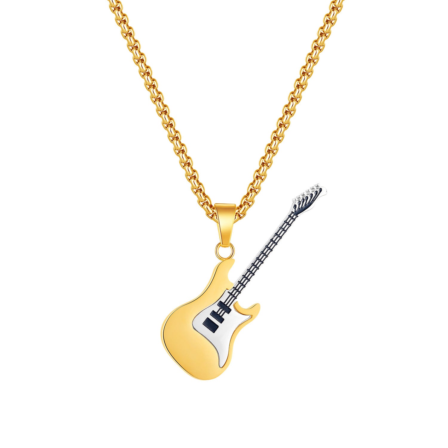 Stainless steel guitar pendant necklace featuring a classic hip hop style, designed by eprolo, displayed on a white background.