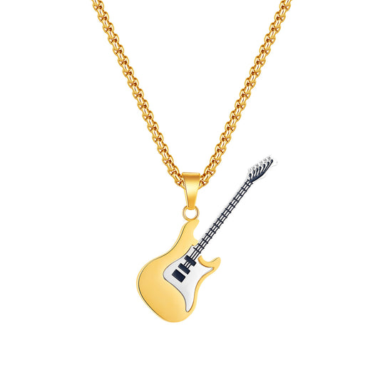 Stainless steel guitar pendant necklace featuring a classic hip hop style, designed by eprolo, displayed on a white background.