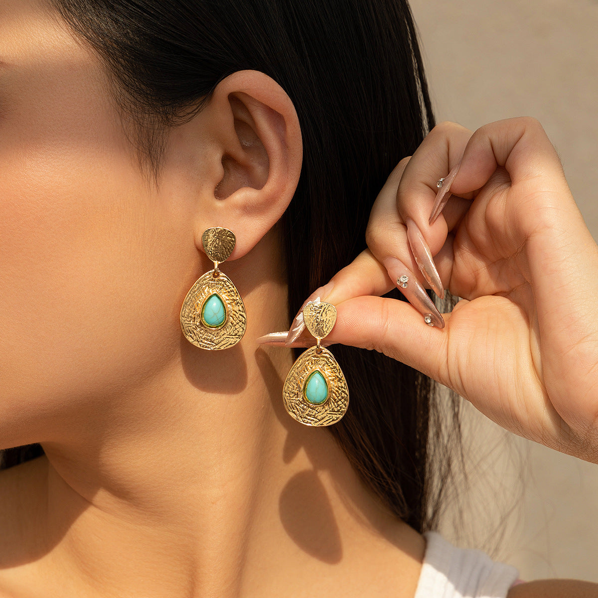 Turquoise Drop Earrings - Gold Textured Teardrop Geometric Stud Dangle - AstroVerse™