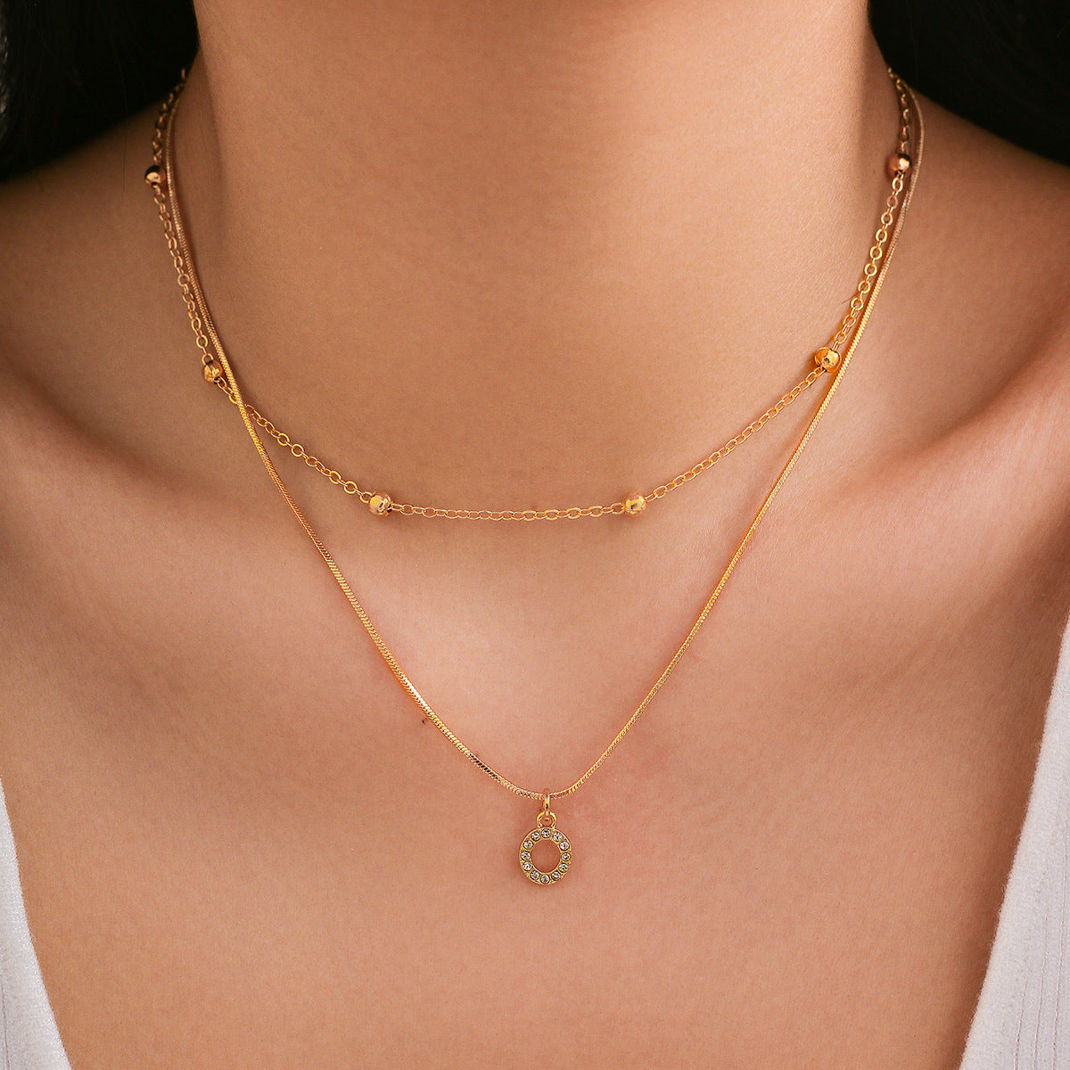 Simple diamond studded English letter pendant, double-layer necklace collarbone chain, versatile snake bone necklace for women