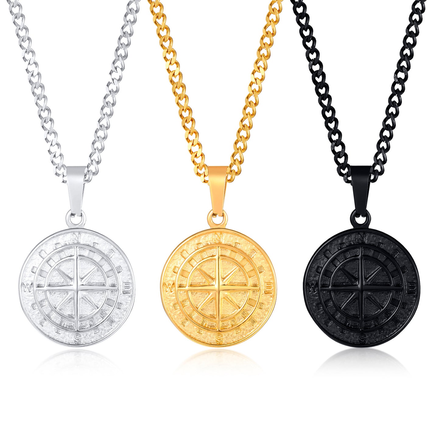 Gold compass coin pendant necklace for men, featuring a detailed compass design, styled for hip hop fashion.