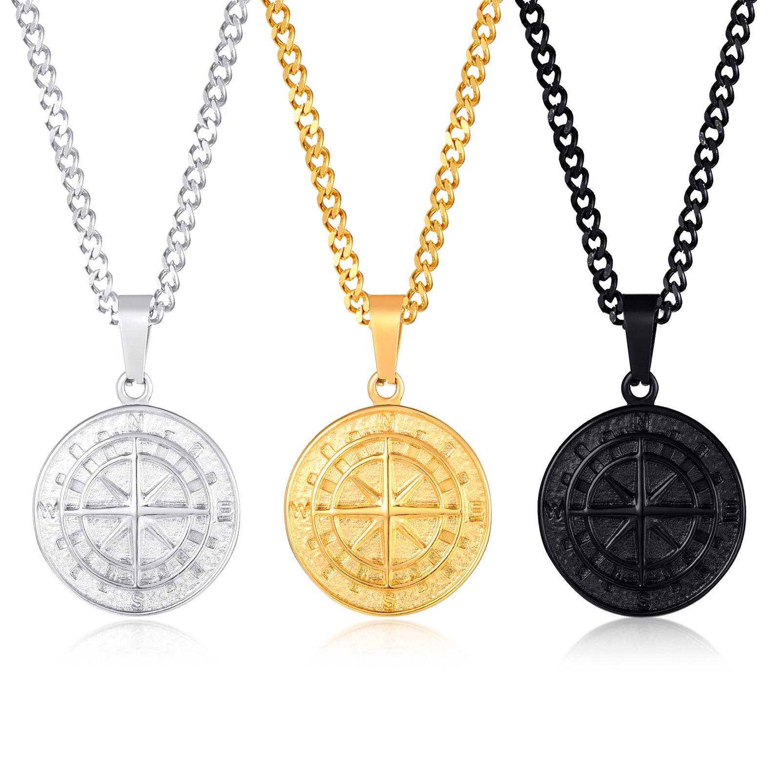 Gold compass coin pendant necklace for men, featuring a detailed compass design, styled for hip hop fashion.