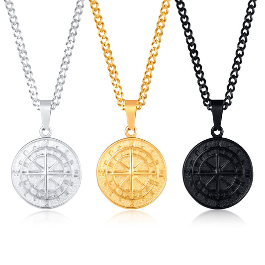 Gold compass coin pendant necklace for men, featuring a detailed compass design, styled for hip hop fashion.