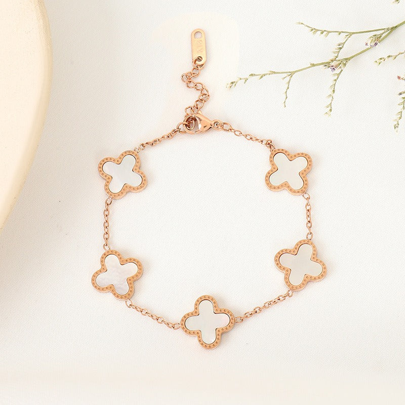 Minimalist women's Clover bracelet featuring five flower Fritillaria design by eprolo, showcasing delicate floral jewelry.