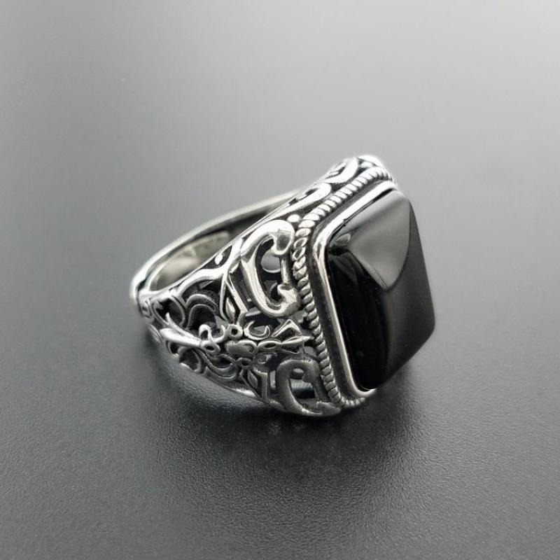 Real 925 Sterling Silver Vintage Rings For Men Natural Black Onyx Stone Square Shape Hollow Cross Flower Carved Punk Jewelry - AstroVerse™